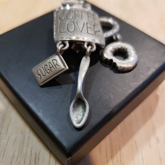 Vintage "Coffee Lover" Pinback, Silver, with 3 Charms: sugar, spoon, and donut - Picture 3 of 5